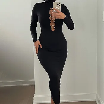 BIIKPIIK Votlih Iz Seksi Ženske Obleke z Dolgimi Rokavi Jeseni Trdna Elegantno Črno Obleko Ženski All-Ujemanje Oblačila Suh Obrabe