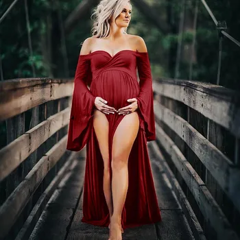 Bombaž Porodniškega Obleke za Fotografijo Ustrelil Seksi Shouldless Ruffle Noseča Obleke za Ženske Puff Rokav Maxi Dolgo Obleko Nosečnosti