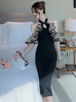Ženske Elegantne Retro Slogu Pika Slim Elegantno Obleko Lady Korejski Letnik Vestidos Sexy Klub Bodycon Stranka Povodcem Ruffles Obleke