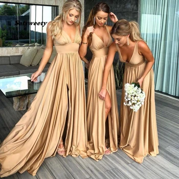 Seksi Strani Split Proti-vrat Champagne Gold Družico Obleke Dolgo Elegantno Obleko Ženske Za svate Plus Velikost Družico Obleke