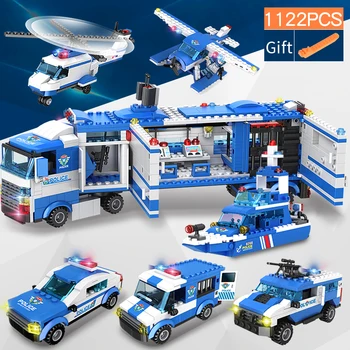 1122 kos City Policijska Postaja SWAT gradniki Avtomobila, Helikopterja, Mestna Hiša Tovornjak Bloki Ustvarjalne Opeke Igrače Za Otroke, Fantje