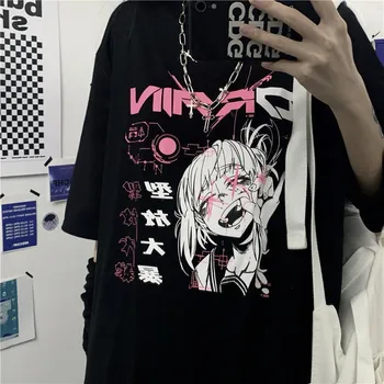 Vintage anime risanke majica s kratkimi rokavi ženske tiktok oblačila gothic tshirt ulične tisk svoboden vrhovi korejski poletje črna majica s kratkimi rokavi