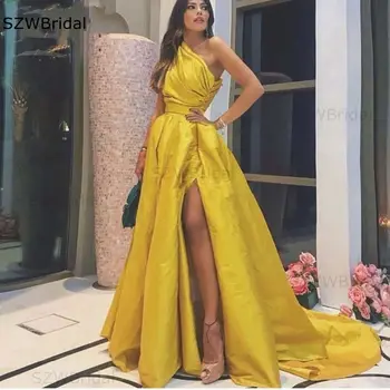 Nov Prihod Eno ramo Večerne obleke Dolgo Saten Zlato Dubaj Arabija Prom oblačenja žensk stranka noč Vestidos largos