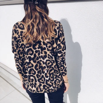 Nove Ženske Leopard Tiskanja V Vratu Dame T-Majice Dolg Rokav Svoboden T Shirt Osnovne Vrh