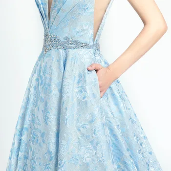 Haljo De Soiree Seksi Večerne Obleke Maxi Dubaj Sky Blue Luxury Žensk V Vratu Odpri Nazaj Kristalno Beading Formalno Stranko Halje WT5133