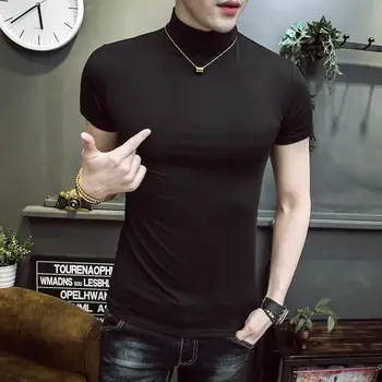 2020 Moških Kratek Rokav Turtleneck Slim Fit majica s kratkimi rokavi Moški Trdno Črno Bel Tees Srajce Ljubitelje Tshirt