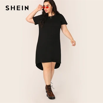 SHEIN Plus Velikost Black Split Visoko-Nizko Robom Trdna Tunika Obleka 2019 Ženske Poletje Priložnostne Split Shift Osnove Naravnost Plus Obleke