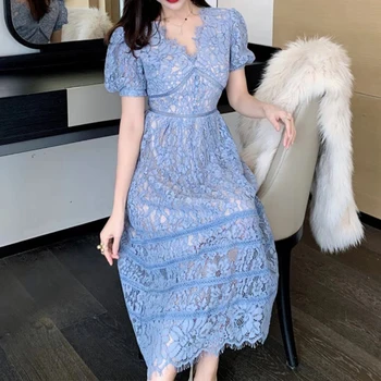 2021 Nov Eleganten Čipke Obleke za Ženske Kratek Rokav Proti-vrat Modra Bela Letnik Vestido Mujer Visoko Pasu Družico Ženska Obleka