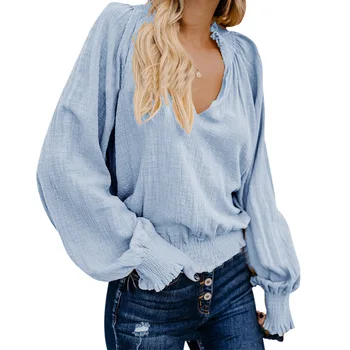 Nova Modna Ženska T-Shirt Globoko V Vratu Dolgo Bell Sleeve Solid Srajce Svoboden Priložnostne Vrhovi Poleras Mujer De Moda 2019