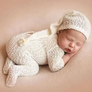 2Pcs Novorojenčka Fotografija Rekvizitov, ki bo Ustrezala Romper Klobuk Nastavite Dolg Rokav Jumpsuits Obleko
