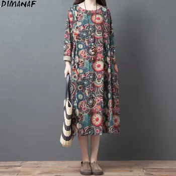 DIMANAF Plus Velikost Ženske obleke, Perilo Letnik Indie Folk Jeseni Cvjetnim Tiskanja Mozaik Ženski Retro Svoboden Priložnostne Žepi Obleke