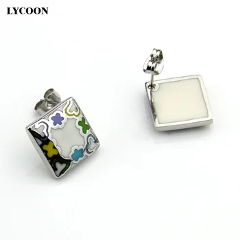 LYCOON novo nerjavečega jekla kvadratnih slog lady beli Žrebec Uhani s pisanimi cvet smolo emajl uhani za ženske LYS019