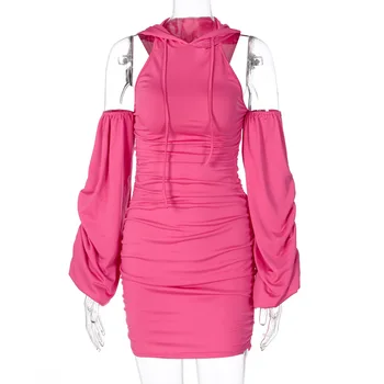 ANJAMANOR Hooded Puff Rokav Off Ramenski Backless Bodycon Mini Obleka za Ženske Jeseni Leta 2020 Trendy Ulične Klub, Obleko D70-DZ29