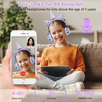 Otroci Bluetooth 5.0 Slušalke z šatulji, Dekleta Samorog Brezžične Slušalke z Zapestnico, Telefonu, tabletu Čelada Z Mic