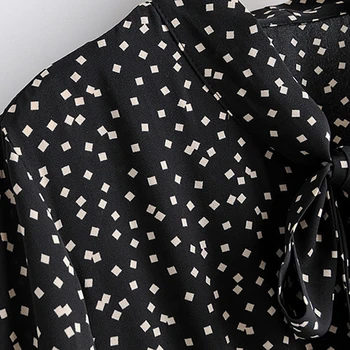 Aachoae Letnik Eleganten Lok Kravato Ovratnik Tiskanja Obleka Ženske Dolg Rokav Ruffle Midi Obleko Elastični Pas Priložnostno Črne Obleke 2020