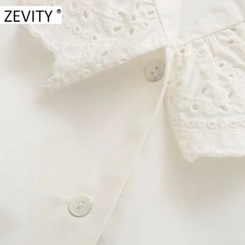 Zevity Nove ženske modni votlih iz čipke mozaik znižuj ovratnik delavska bluzo urad dama puff rokav elegantna majice, vrhovi LS7156