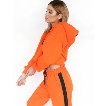 Oranžna Ženske Dva Kosa Iz Long Sleeve Hooded Crop Tops Svoboden Dolgo Harem Hlače Jeseni Priložnostne Ulične Trenirko 2 Kos Obleke