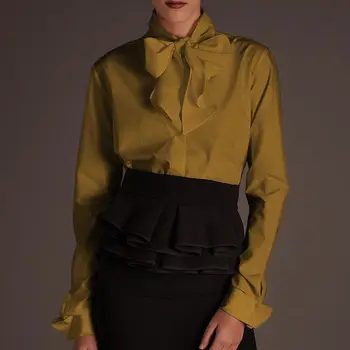 Ženske Vrhovi Dolg Rokav Bluzo Priložnostne Trdna Bluzo 2021 Ženski zgornji deli oblačil OL Slog Bowknot Srajce Blusas Femininas Plus Velikost 5XL