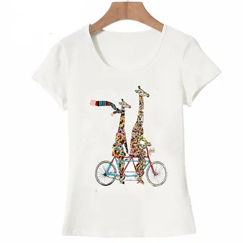 Nove živali, risanka poletje Ženske t-shirt žirafe ljubezen stopiti ven na tandem kolesu T-Shirt dekliški zgornji deli oblacil ženske Tees