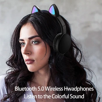 AIKSWE Več Barvni LED Mačje Uho Krat Slušalke Bluetooth 5.0 HD Glas Z Mikrofonom Brezžični+Žično Za Dekleta Darilo in Otroci Slušalke