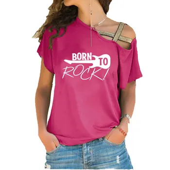 Rojen Za Rock Glasbene skupine Roll Bobni, Kitara Tiskanja modni T-shirt Poletje Ženske Bombaž Nezakonitih Skew Vratu, Križu Povoj tshirts