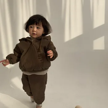 Baby Boy Zimska Oblačila, ki Otroke Toplo Zgostitev Kapičastih Pulover + Hlače Otrok 2pcs Obleko Dekleta Priložnostne Bombaž-podloženi Plašči Set
