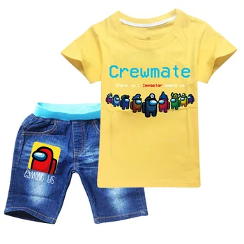 100-170 Moda Bombaž Med Nami Rokavi za Malčke Dekliška T + Traper Hlače Najstniški Fantje Tshirt Obleko Poletje Otroci Vrhovi oblačila 2020
