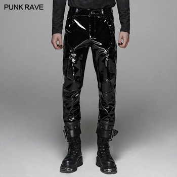 PUNK RAVE Moške Punk Vojaški Slog Naslikal Svetlo Usnjene Hlače Fazi Izvesti Kostum Punk Lep Moške Hlače Street Fashion