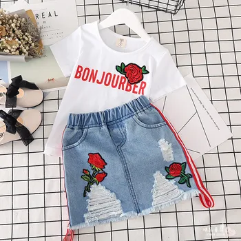 Dekleta Kompleti Oblačil Poletja 2018 Moda Otroke Bombažne Vezenine, Rose Cvet T-shirt In Denim Krila Obleko Otroci Oblačila, ki