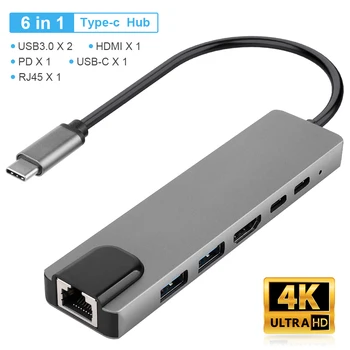 Multi 6 v 1 USB Tip C Hub Hdmi 4K USB C Hub, da Gigabit Ethernet Rj45 Lan vmesnik za Macbook Pro Strele 3 USB-C Polnilnik