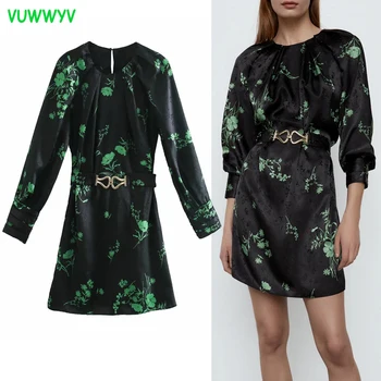 Za 2021 Modni Črno Jacquardske Mini Obleke za Ženske, Pomlad Zelena Tiskanja Kratka Obleka Ženska Dolgo Draped Rokav Mini Vestidos Pasu