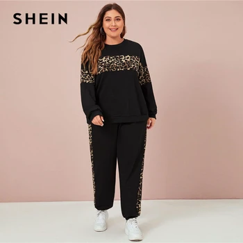 SHEIN Plus Velikost Črno-Leopard Panel Majica in Tekačem Nastavite Ženske Jeseni Priložnostne Športne Colorblock Dva Kosa Določa