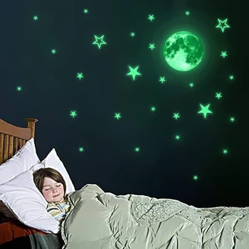 30 cm Svetlobni Luna Zvezde Pike Stenske Nalepke za Otroke, Otroci Soba Dekoracijo Spalnica, Dnevna Soba Žareti v temno Stenske Nalepke
