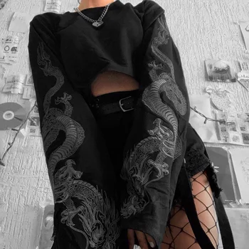 Street Fashion Zmaj Tiskanja Flare Rokav Svoboden Priložnostne Hoodies 2019 Jeseni Ženske Popka Golimi Crop Tops Sweatshirts Black Puloverji