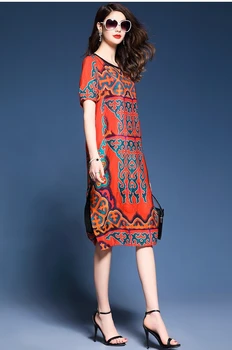 2020 Novo Poletje Rdeče Retro Svile Priložnostne Obleko za Ženske Elegantne Plus Velikost Midi Obleko Cvjetnim Tiskanja Obleke Vestido KJ1889