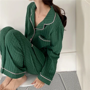 2020 korejska Različica Bombaž Jacquardske Žensk Sleepwear Ženski Jeseni Dolgo Sleeved Jopico Prosti čas Vrhovi Dva Kosa Obleko