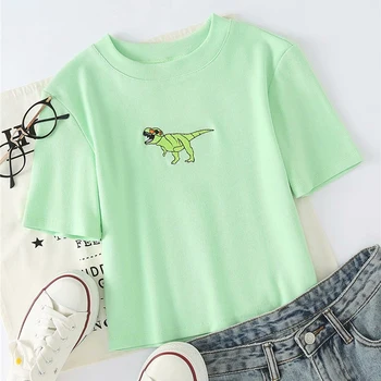 2020 ženske risanka tiskanja zelena kratek rokav tee vrhovi ženska moda vezenje dinozaver tiskanja kratek t-shirt femme