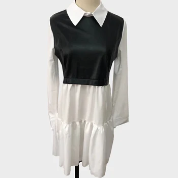 Shirt Obleko Priložnostne Urad PU Umetno Usnje Črna Mozaik Elegantna Moda Pomlad Jesen A-line Ruched Obleke 2021 Ženske Oblačila