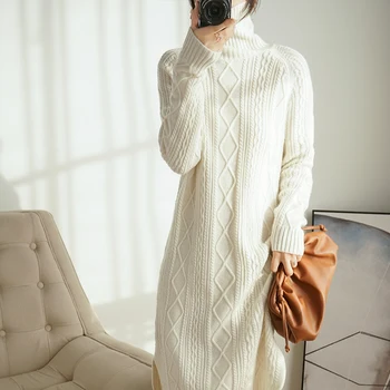 Merino volna pulover obleko ženske pletene trakove dolžina kabla kup vratu puloverju turtleneck Jesen zima debele vrhovi