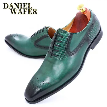 Luksuzni Moških Oxford Čevlji Modni Natisne Zelena Črna Pravega Usnja Čipke Moških Obleko, Čevlji Poročni Urad Poslovnih Formalno Čevlji