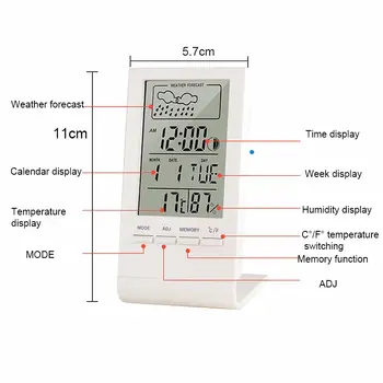 LCD-Digitalni Termometer, Higrometer Budilka Koledar Vremenske Postaje Desk Ura Temperatura Vlažnost Meter Barometer Zaprtih#2