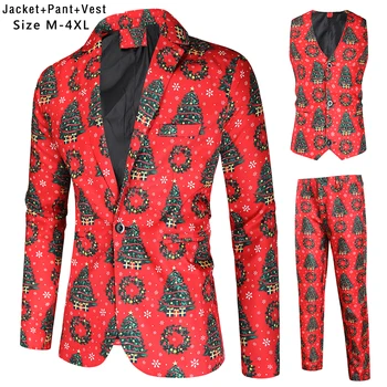 Obleko Določa Moški Kostum Homme 2020 Blagovne Znamke Slim Fit Božič Obleke Komplet 3 Kosov Blazer + Telovnik + Hlače Prom Oblačenja Up Natisnjeni Obleko