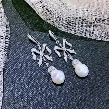 Baročni naravno sveže vode pearl spusti uhane 925 sterling srebrni barvi s kubičnih cirkon bowknot uhan fine ženske, nakit dolgo