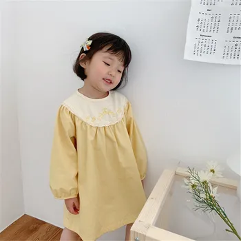 Pomlad Jesen Dekleta Vezenino Princesa Obleke Nove Korejskem Slogu Bombaž Svoboden Mozaik Dolg Rokav Obleka Otroci Obleke