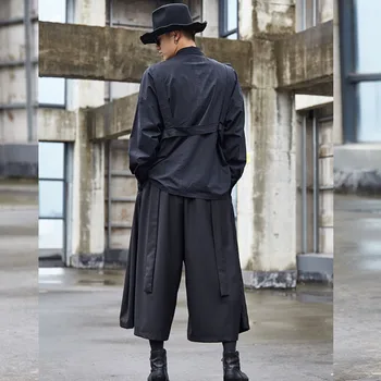 Homens fita splice solto priložnostne preto perna larga kimono calças saia masculina ulične hip hop punk gótico harem