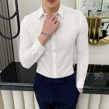 Britanski Slog Preprosto Belo Majico Moški Modni 2019 Poslovnih Formalno Obrabe Moških Obleko Srajco z Dolgimi Rokavi Casual Moški Socialne Majice