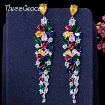 ThreeGraces Elegantno Multi Color Kubičnih Cirkonij Cvet Oblikovan Dolgo Spusti Uhani za Ženske Poroka Banket Nakit ER030