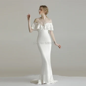 YNQNFS W12 Pravi Vestido de Noiva Simples morska deklica bele Obleke, Svila, kot Saten Ruffles Off Ramenski Stranka Halje Družico