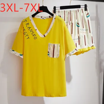 Novo 2021 poletje plus velikost domov nositi kompleti za ženske velika svoboden rumena print majica s kratkimi rokavi in kratke hlače, pižame bo ustrezala 3XL 4XL 5XL 6XL 7XL