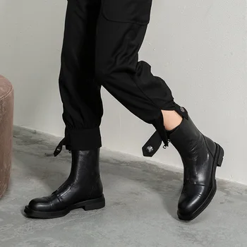 Royesic Pristen Krava Usnja Ženske Britanski stil debel-soled sredine cevi čevlji 2020 jeseni novo zadrgo ravno gleženj škornji ženske